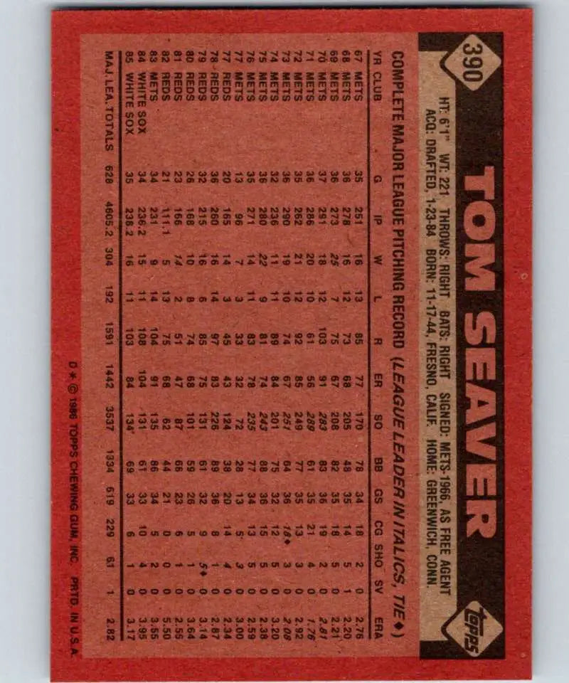 1986 Topps #390 Tom Seaver EX Excellent Chicago White Sox Baseball Card - Baseball Card Single