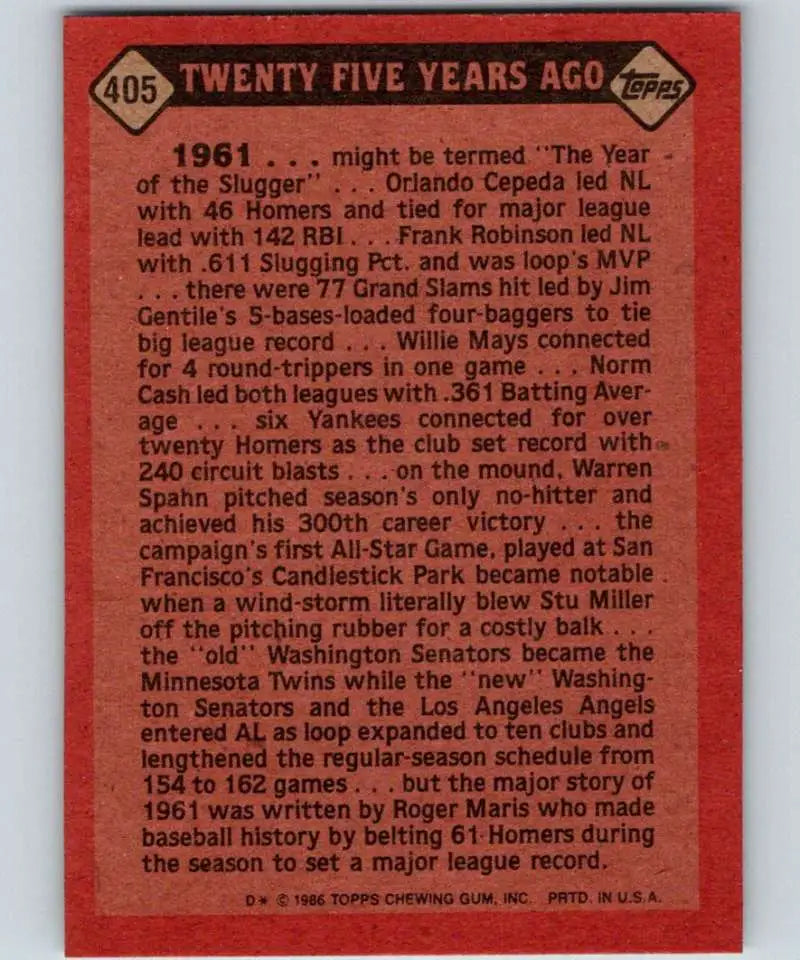 1986 Topps #405 Roger Maris EX Excellent New York Yankees Baseball Card - Baseball Card Single