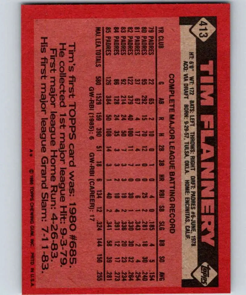 1986 Topps #413 Tim Flannery EX Excellent San Diego Padres Baseball Card - Baseball Card Single