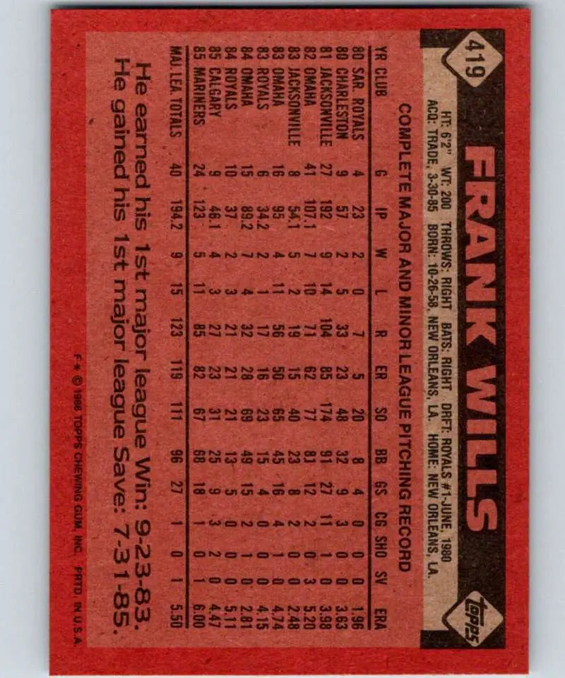 1986 Topps #419 Frank Wills EX Excellent Seattle Mariners Baseball Card - Baseball Card Single