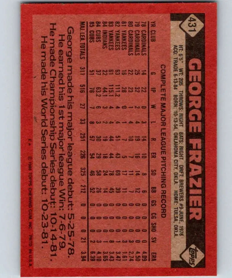 1986 Topps #431 George Frazier EX Excellent Chicago Cubs Baseball Card - Baseball Card Single