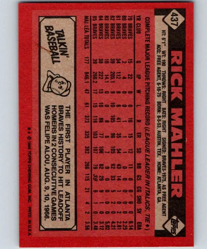 1986 Topps #437 Rick Mahler EX Excellent Atlanta Braves Baseball Card - Baseball Card Single