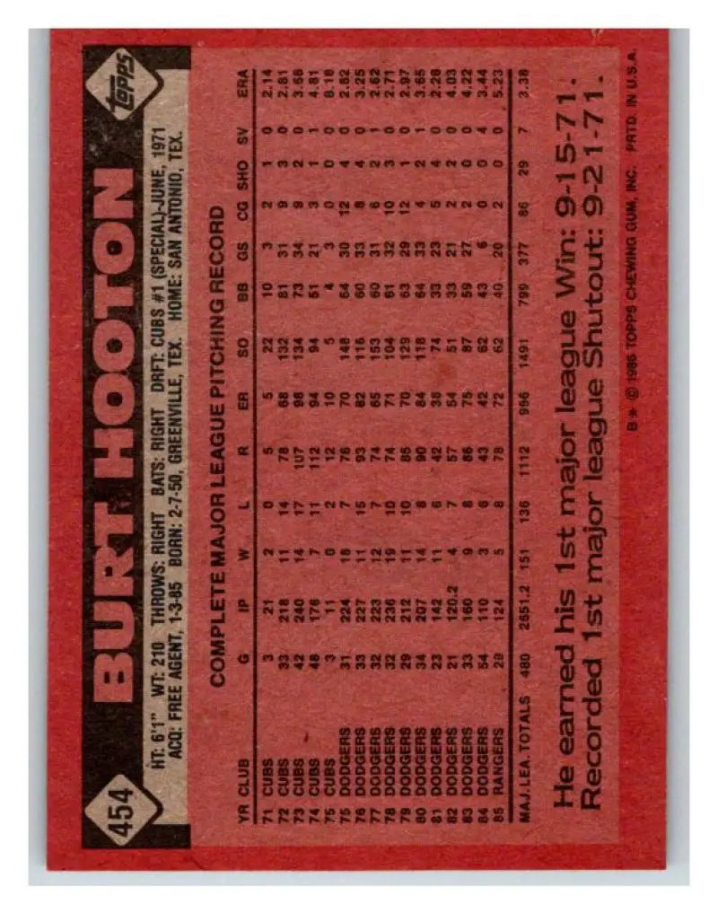 1986 Topps #454 Burt Hooton EX Excellent Texas Rangers Baseball Card - Baseball Card Single