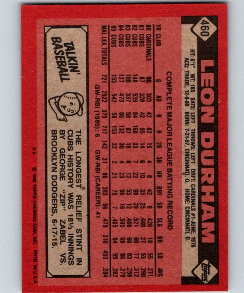 1986 Topps #460 Leon Durham EX Excellent Chicago Cubs Baseball Card - Baseball Card Single