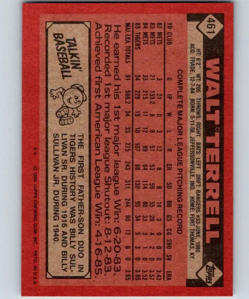 1986 Topps #461 Walt Terrell EX Excellent Detroit Tigers Baseball Card - Baseball Card Single