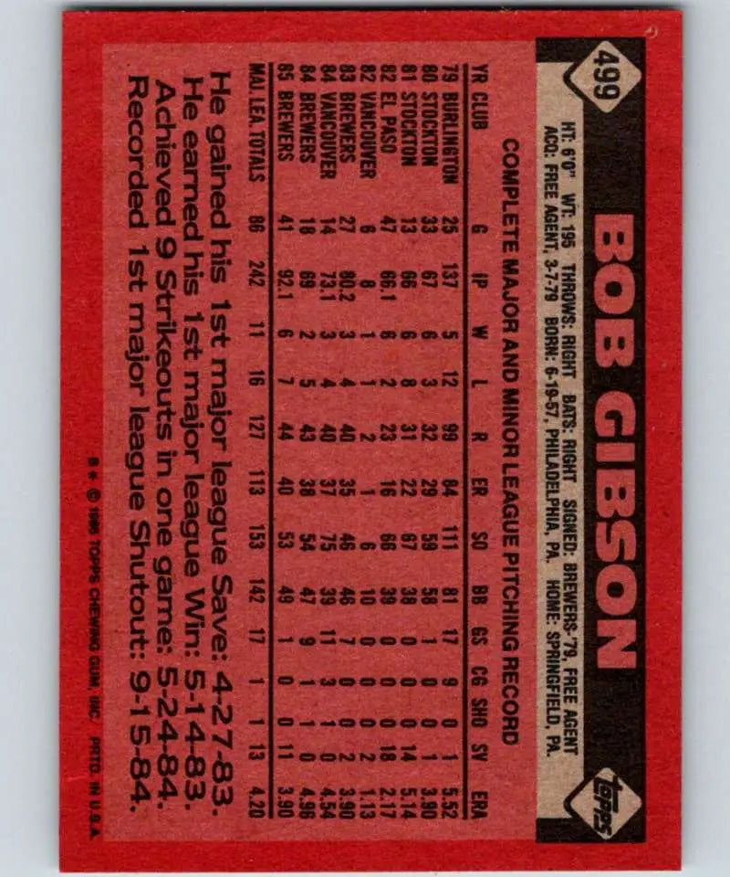 1986 Topps #499 Bob Gibson EX Excellent Milwaukee Brewers Baseball Card - Baseball Card Single