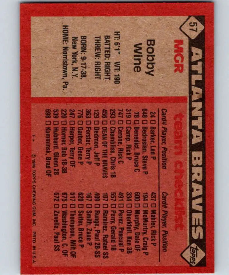 1986 Topps #51 Bobby Wine EX Excellent Atlanta Braves Baseball Card - Baseball Card Single