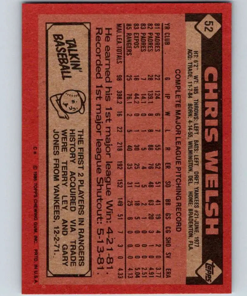 1986 Topps #52 Chris Welsh EX Excellent Texas Rangers Baseball Card - Baseball Card Single
