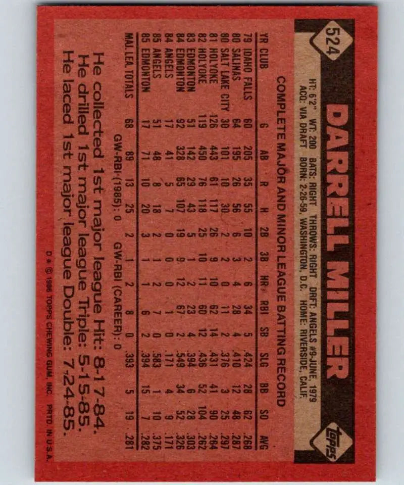 1986 Topps #524 Darrell Miller EX Excellent California Angels Baseball Card - Baseball Card Single