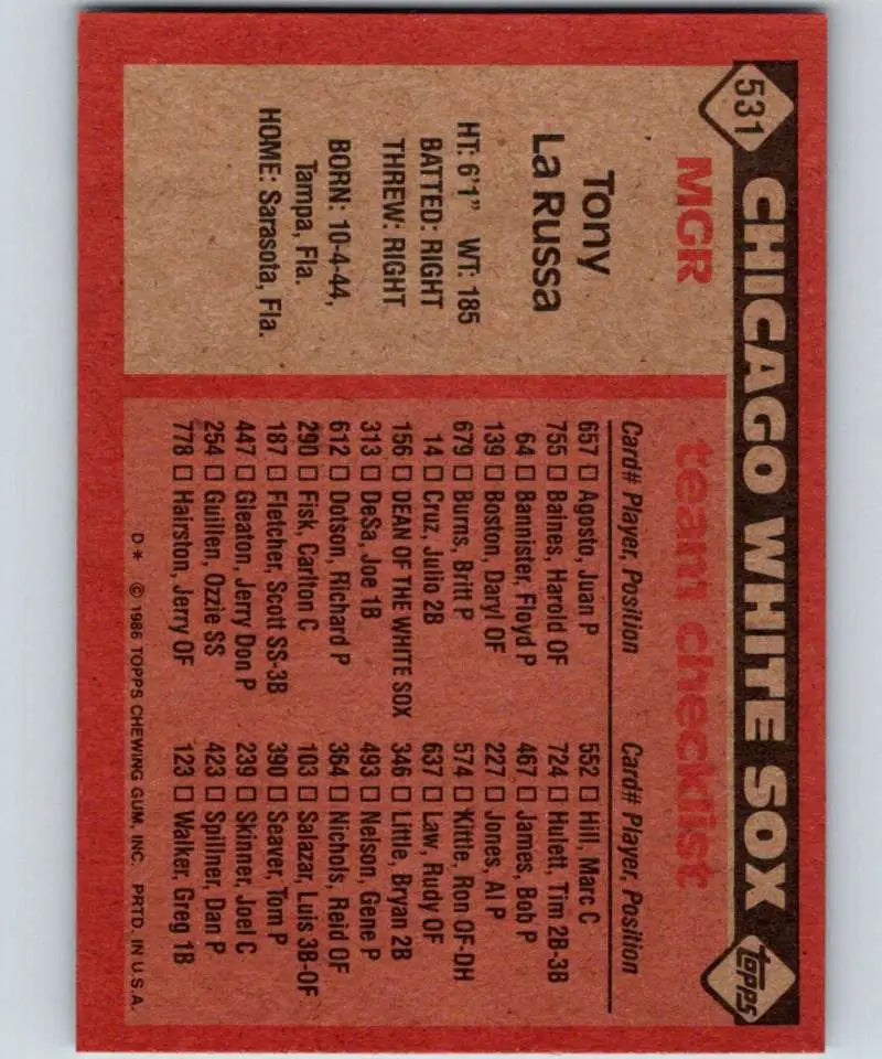 1986 Topps #531 Tony LaRussa EX Excellent Chicago White Sox Baseball Card - Baseball Card Single