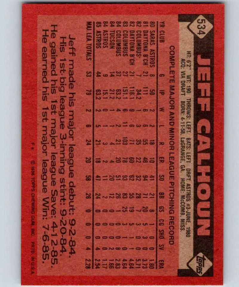 1986 Topps #534 Jeff Calhoun EX Excellent RC Rookie Houston Astros Baseball Card - Baseball Card Single