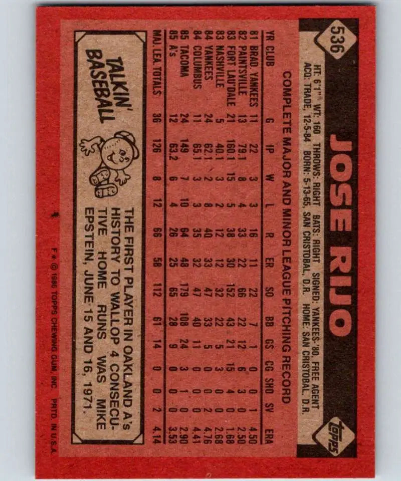 1986 Topps #536 Jose Rijo EX Excellent Oakland Athletics Baseball Card - Baseball Card Single
