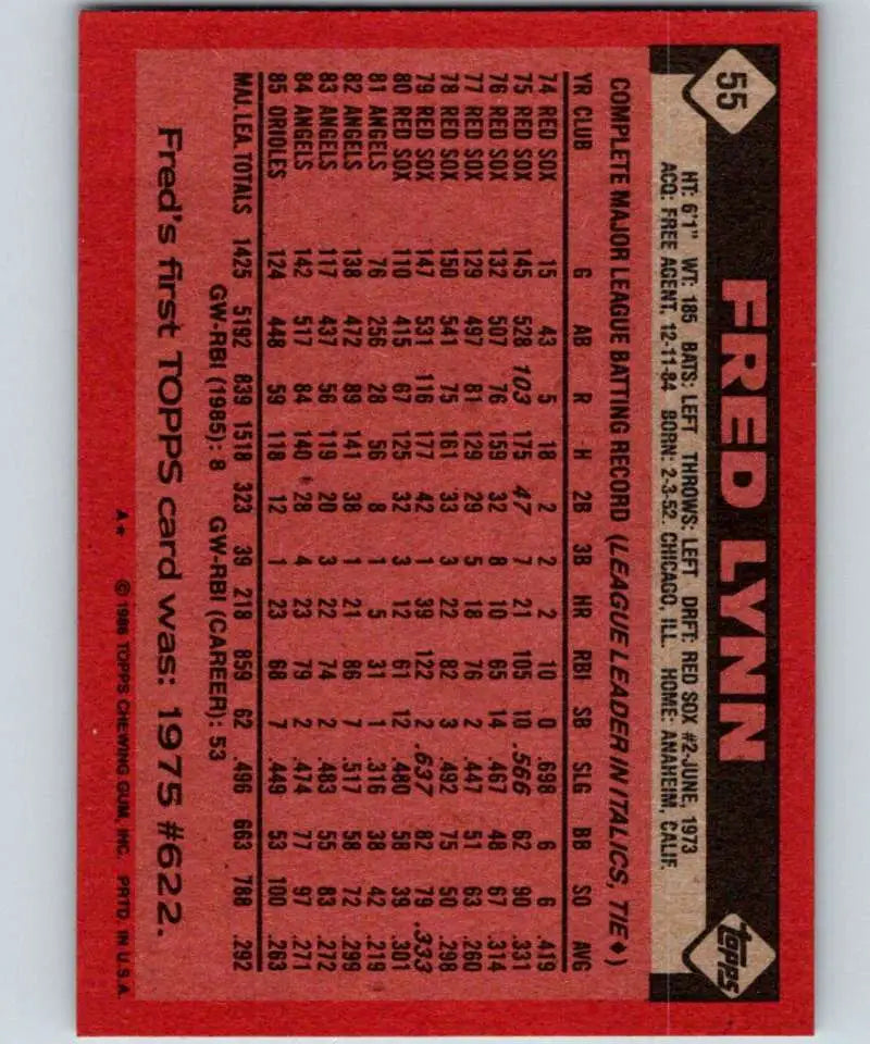 1986 Topps #55 Fred Lynn EX Excellent Baltimore Orioles Baseball Card - Baseball Card Single