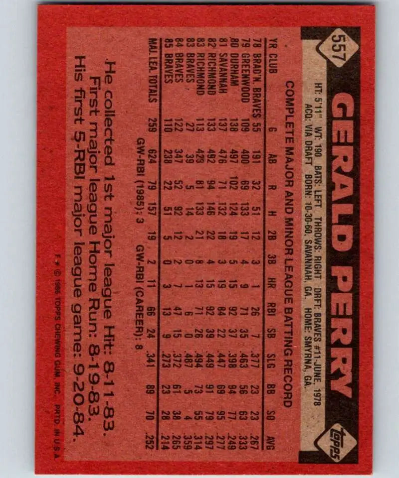 1986 Topps #557 Gerald Perry EX Excellent Atlanta Braves Baseball Card - Baseball Card Single