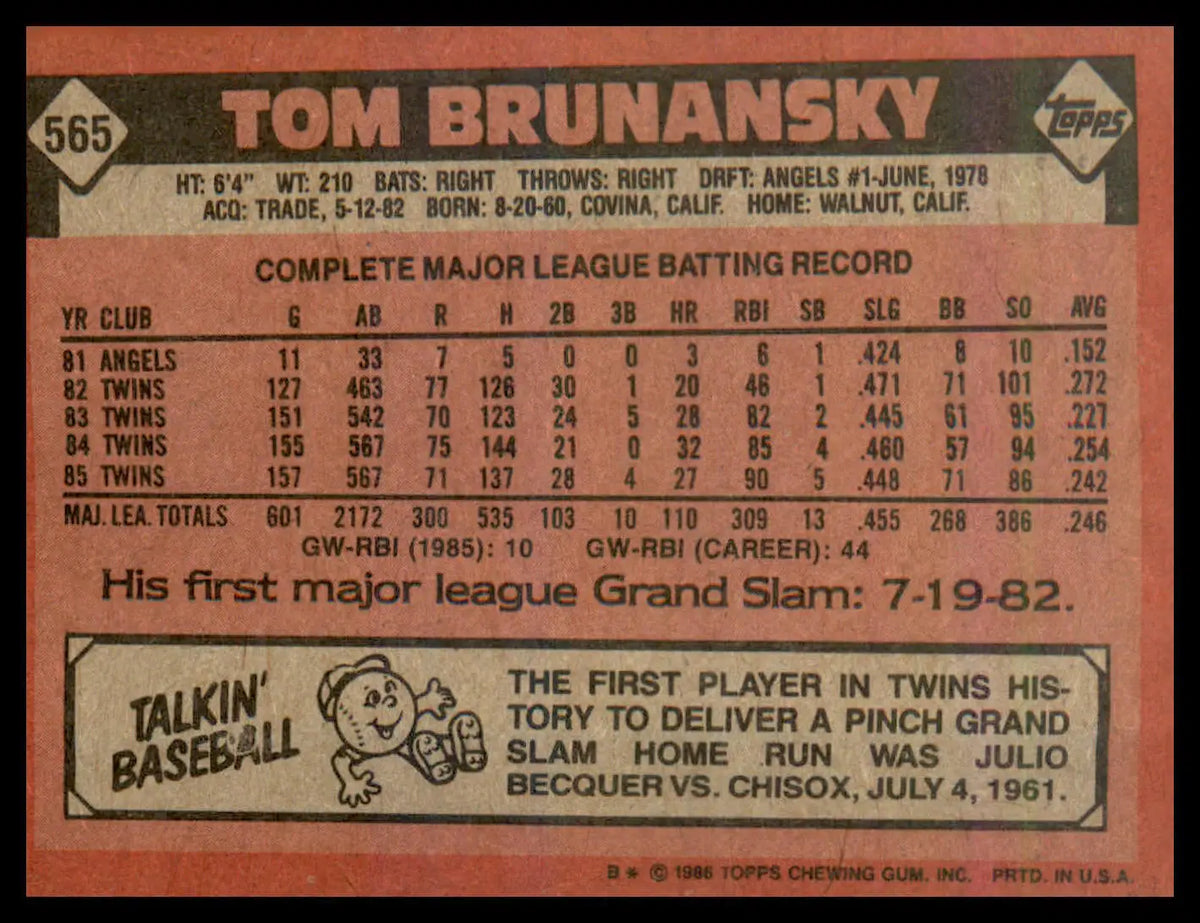 1986 Topps #565 Tom Brunansky - Baseball Card Single
