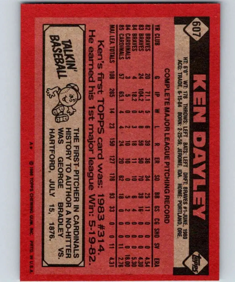 1986 Topps #607 Ken Dayley EX Excellent St. Louis Cardinals Baseball Card - Baseball Card Single