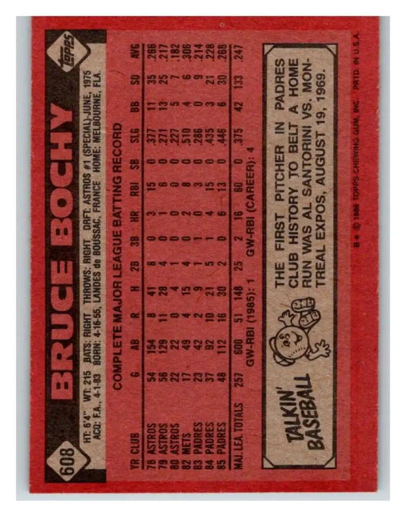 1986 Topps #608 Bruce Bochy EX Excellent San Diego Padres Baseball Card - Baseball Card Single