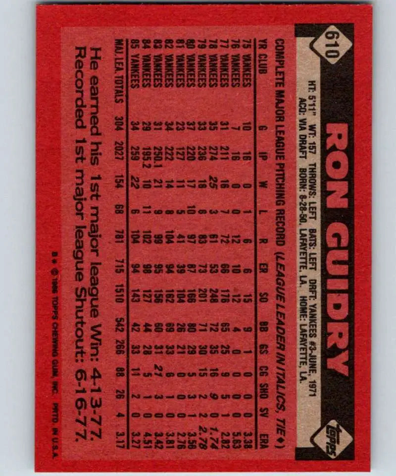 1986 Topps #610 Ron Guidry EX Excellent New York Yankees Baseball Card - Baseball Card Single