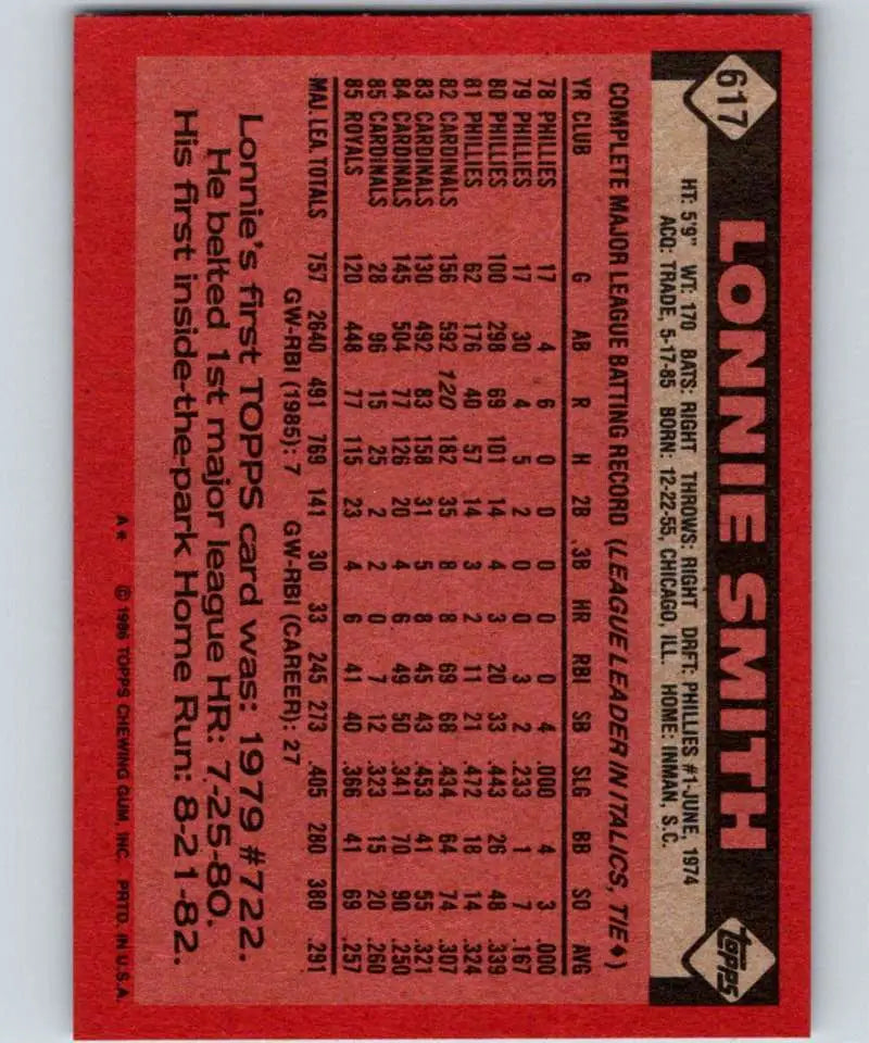 1986 Topps #617 Lonnie Smith EX Excellent Kansas City Royals Baseball Card - Baseball Card Single