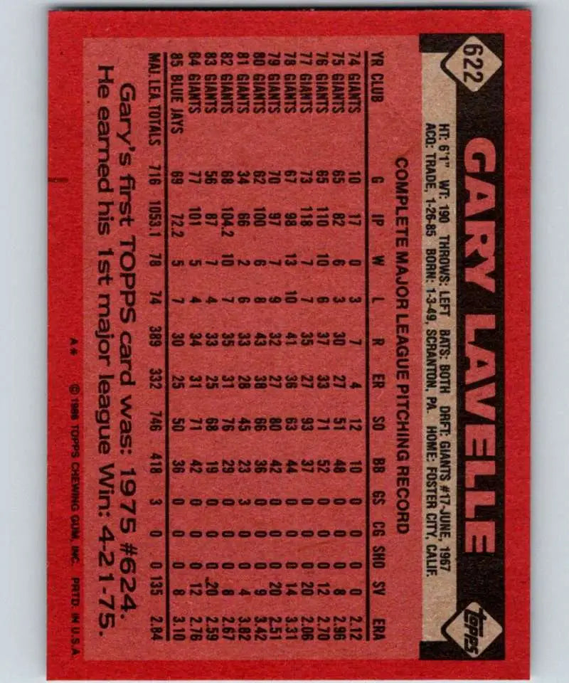 1986 Topps #622 Gary Lavelle EX Excellent Toronto Blue Jays Baseball Card - Baseball Card Single