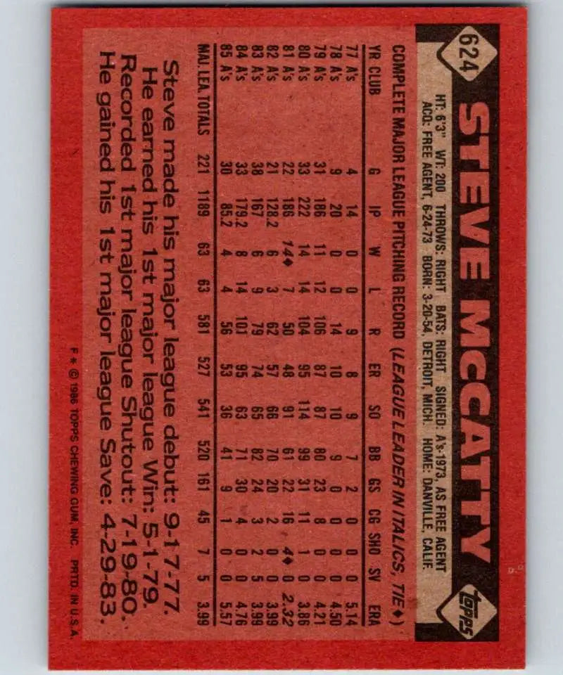 1986 Topps #624 Steve McCatty EX Excellent Oakland Athletics Baseball Card - Baseball Card Single