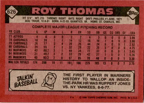 Original gloss Roy Thomas baseball card from 1986 Topps #626 Mariners ID 45953