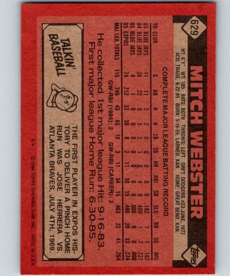 1986 Topps #629 Mitch Webster EX Excellent Montreal Expos Baseball Card - Baseball Card Single