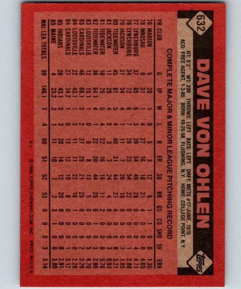 1986 Topps #632 Dave Von Ohlen EX Excellent Cleveland Indians Baseball Card - Baseball Card Single