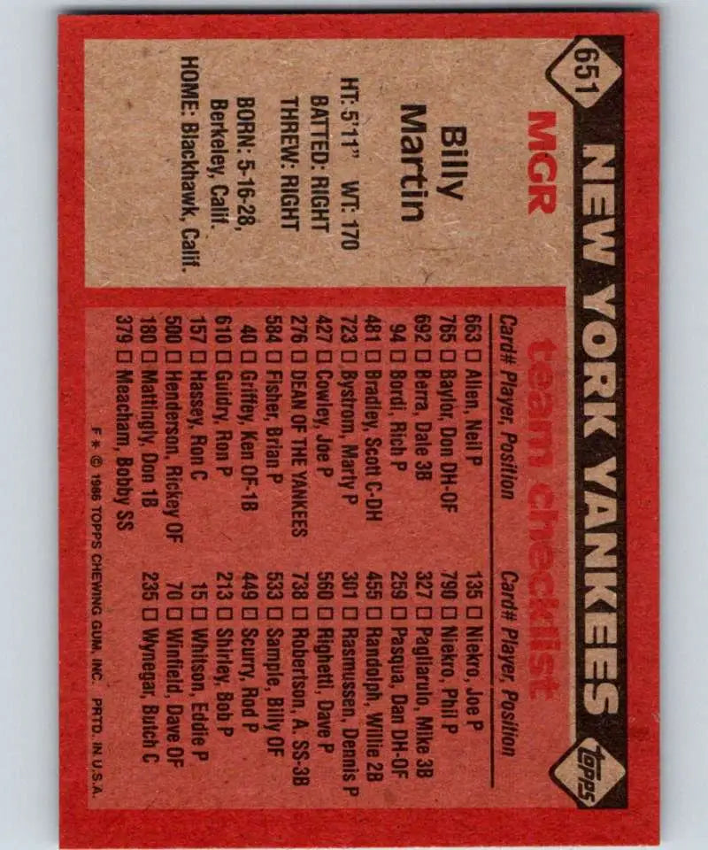 1986 Topps #651 Billy Martin EX Excellent New York Yankees Baseball Card - Baseball Card Single
