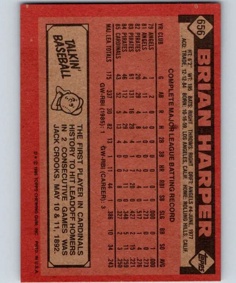 1986 Topps #656 Brian Harper EX Excellent St. Louis Cardinals Baseball Card - Baseball Card Single