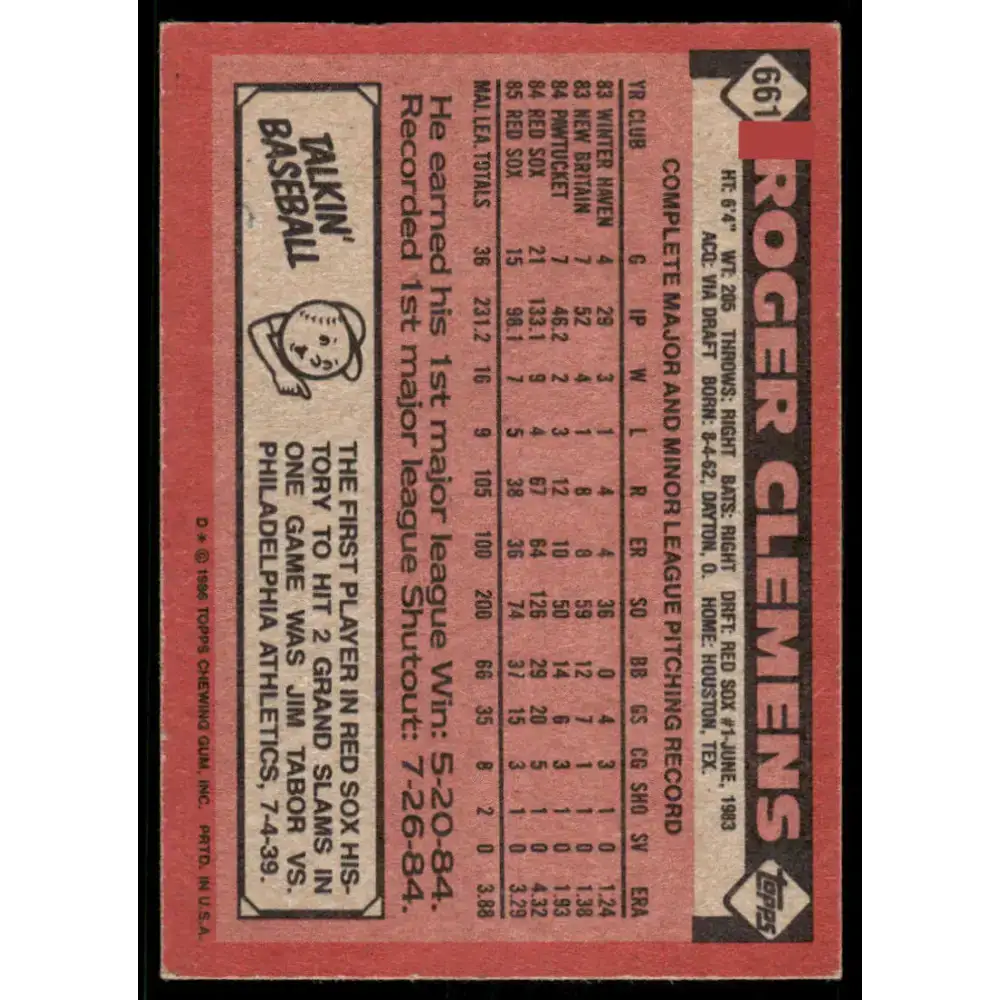 1986 Topps #661 Roger Clemens EX/NM Boston Red Sox Baseball Card - Baseball Card Single