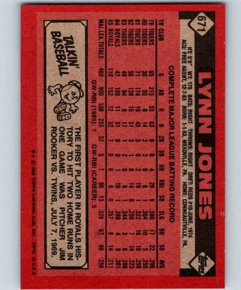 1986 Topps #671 Lynn Jones EX Excellent Kansas City Royals Baseball Card - Baseball Card Single