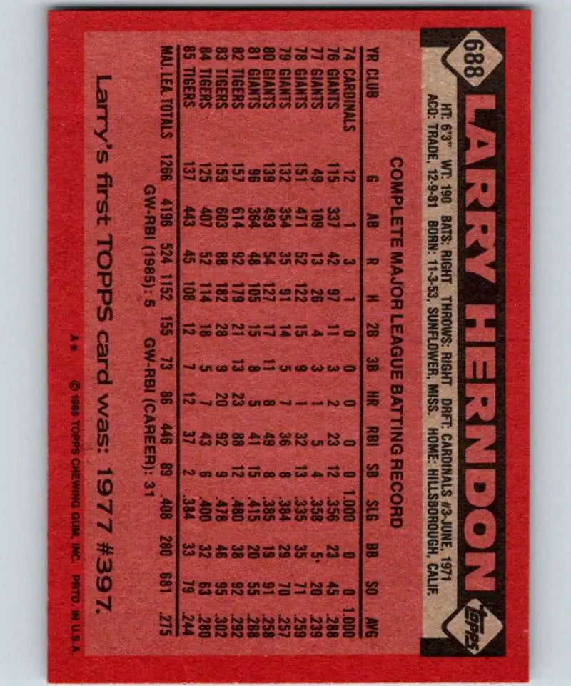 1986 Topps #688 Larry Herndon EX Excellent Detroit Tigers Baseball Card - Baseball Card Single