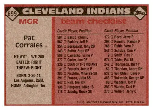 1986 Topps #699 Pat Corrales baseball card back with original gloss featuring Indians MG