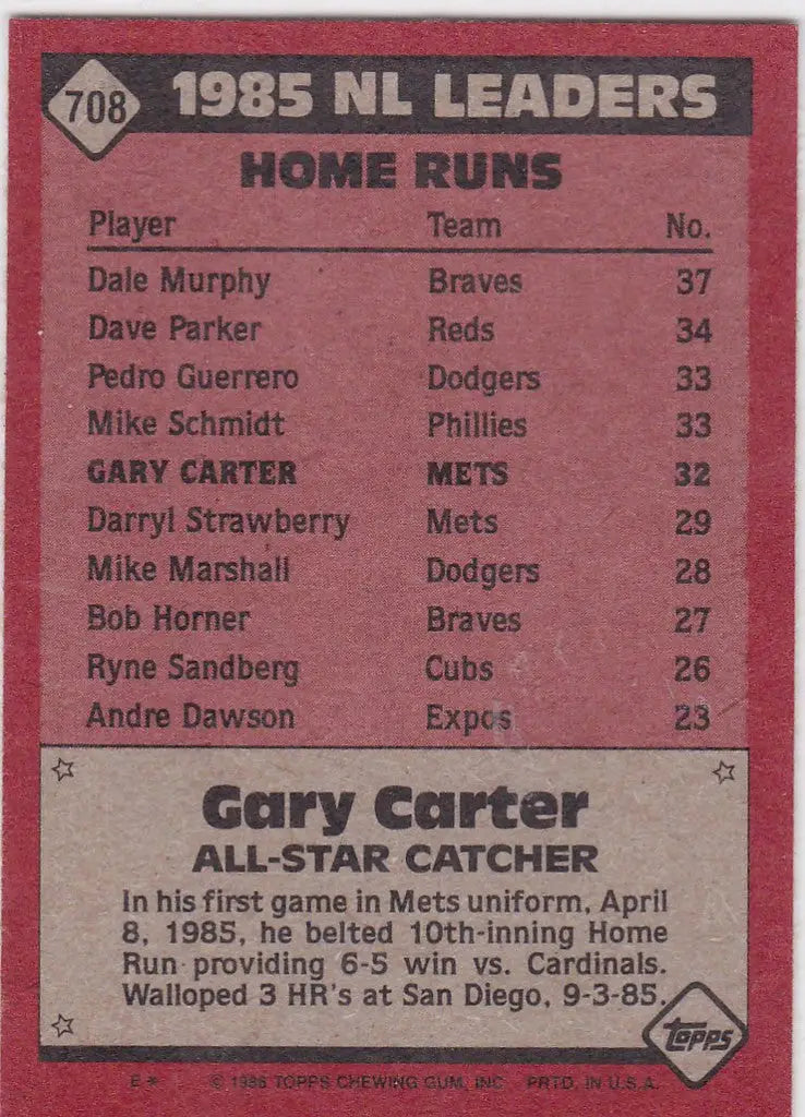 1986 Topps #708 Gary Carter All-Star Card New York Mets - Baseball Card Single