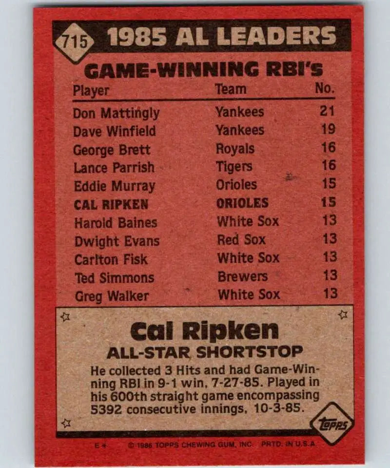 1986 Topps #715 Cal Ripken Jr. EX Excellent Baltimore Orioles Baseball Card - Baseball Card Single