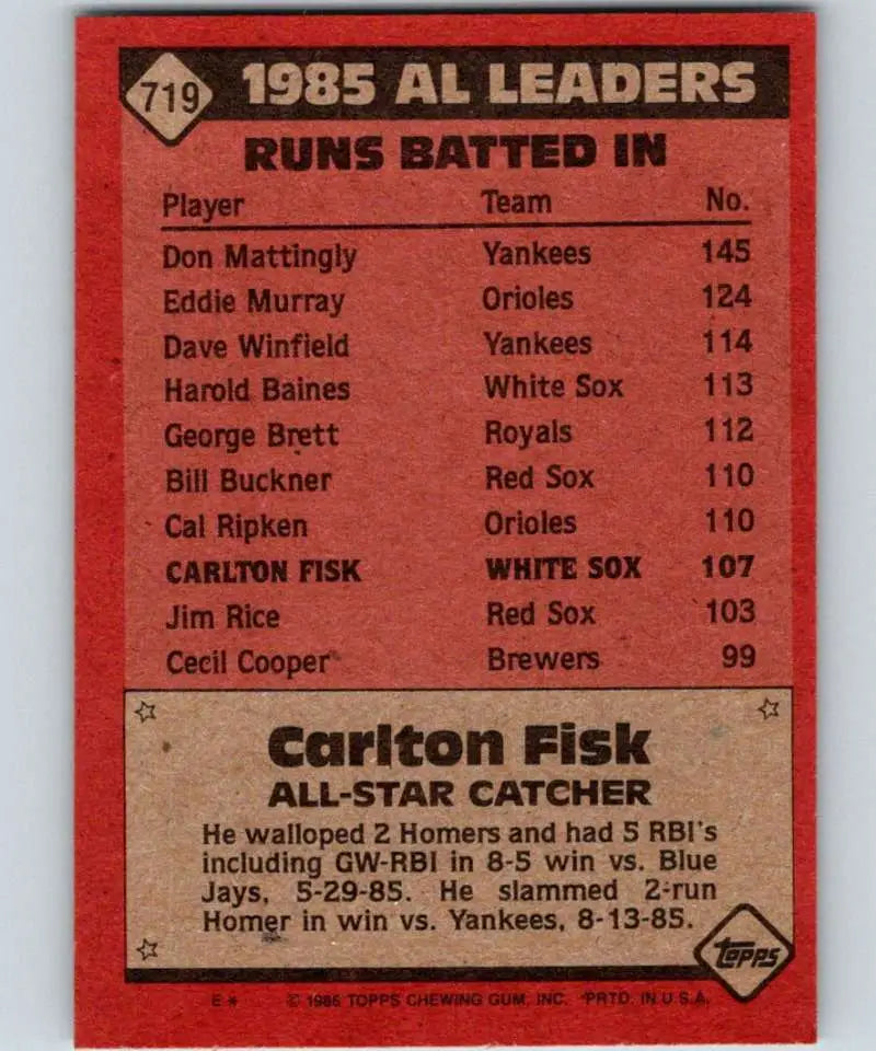 1986 Topps #719 Carlton Fisk EX Excellent Chicago White Sox Baseball Card - Baseball Card Single