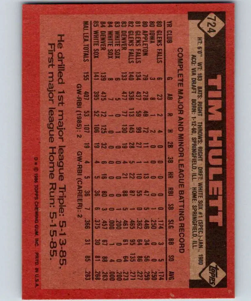1986 Topps #724 Tim Hulett EX Excellent Chicago White Sox Baseball Card - Baseball Card Single