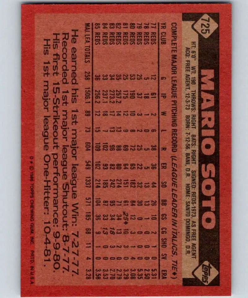 1986 Topps #725 Mario Soto EX Excellent Cincinnati Reds Baseball Card - Baseball Card Single
