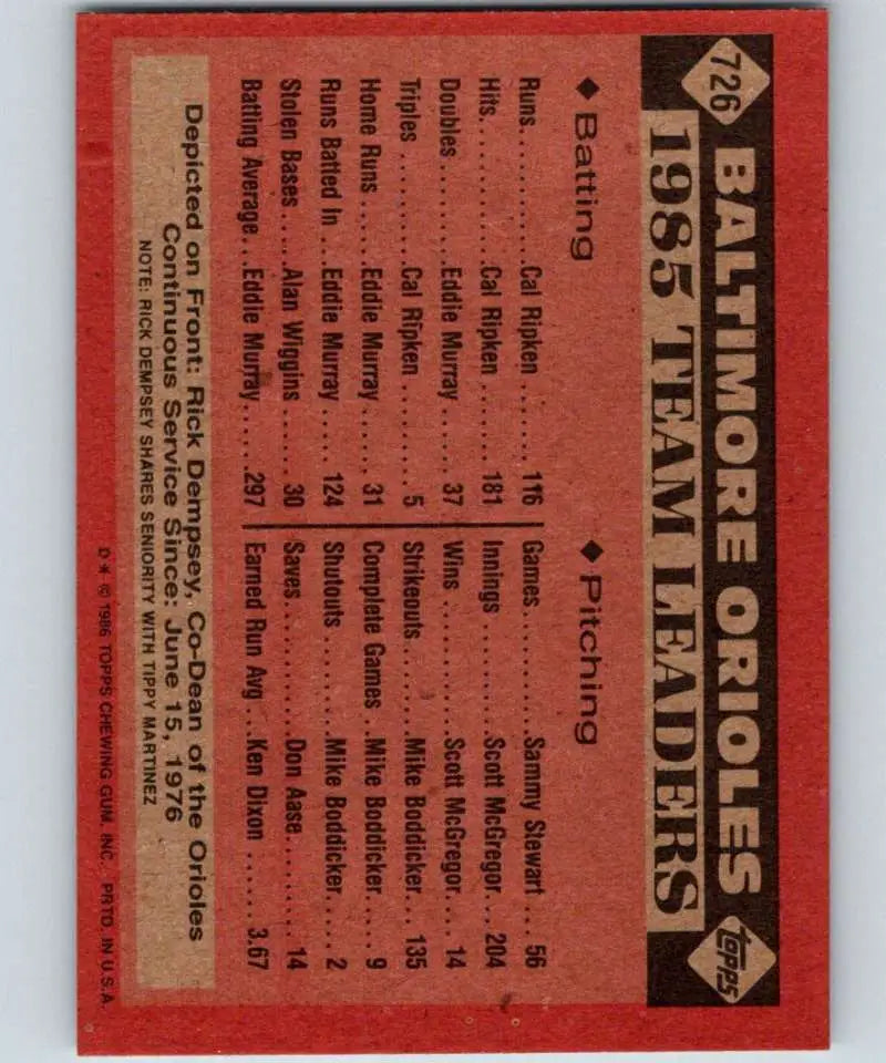 1986 Topps #726 Rick Dempsey EX Excellent Baltimore Orioles Baseball Card - Baseball Card Single