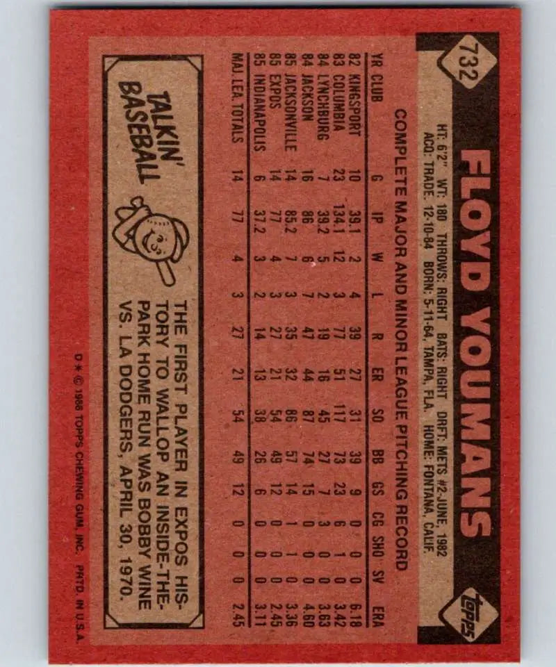1986 Topps #732 Floyd Youmans EX Excellent Montreal Expos Baseball Card - Baseball Card Single
