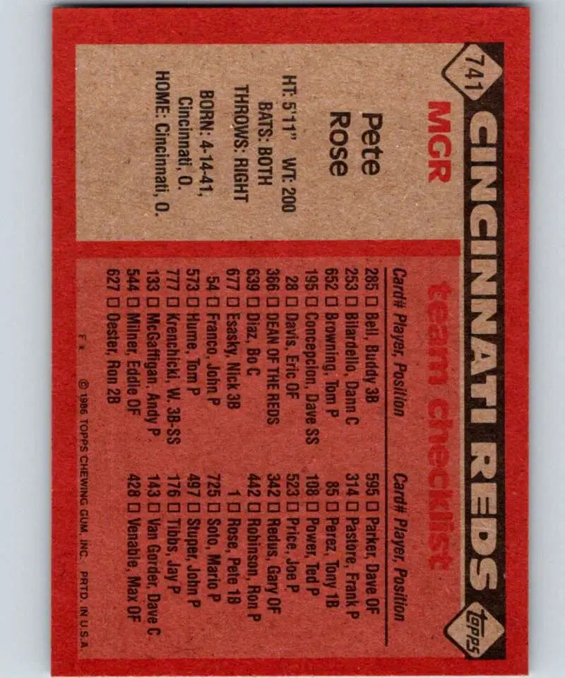 1986 Topps #741 Pete Rose EX Excellent Cincinnati Reds Baseball Card - Baseball Card Single