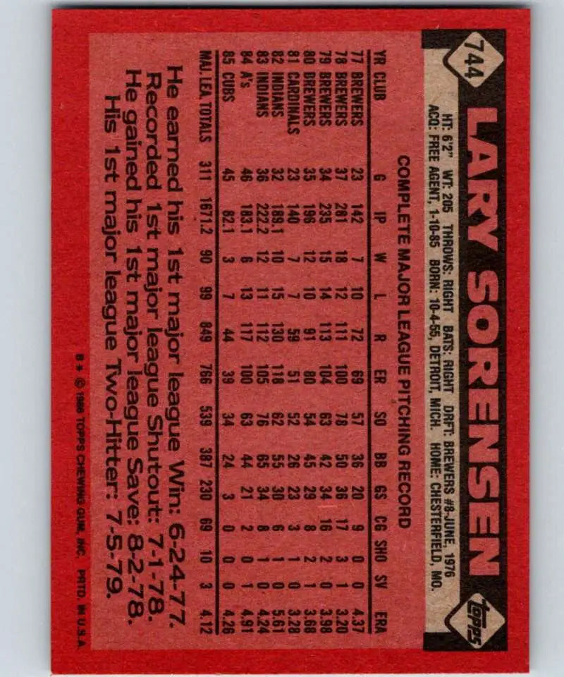1986 Topps #744 Lary Sorensen EX Excellent Chicago Cubs Baseball Card - Baseball Card Single
