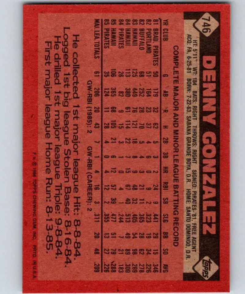 1986 Topps #746 Denny Gonzalez EX Excellent Pittsburgh Pirates Baseball Card - Baseball Card Single