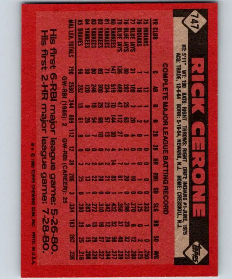1986 Topps #747 Rick Cerone EX Excellent Atlanta Braves Baseball Card - Baseball Card Single