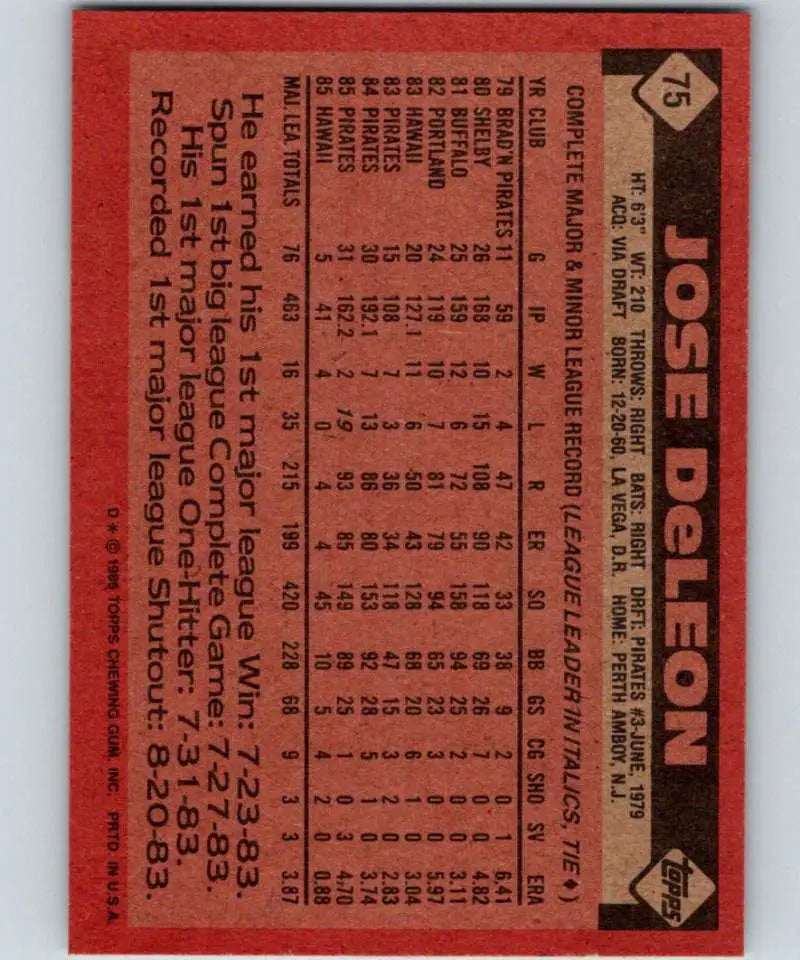1986 Topps #75 Jose DeLeon EX Excellent Pittsburgh Pirates Baseball Card - Baseball Card Single
