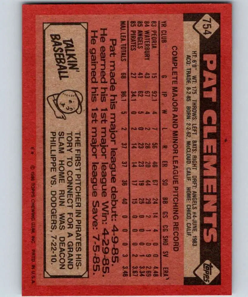 1986 Topps #754 Pat Clements EX Excellent RC Rookie Pittsburgh Pirates Baseball Card - Baseball Card Single