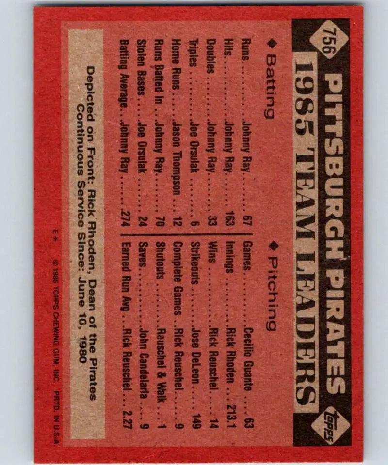 1986 Topps #756 Rick Rhoden EX Excellent Pittsburgh Pirates Baseball Card - Baseball Card Single