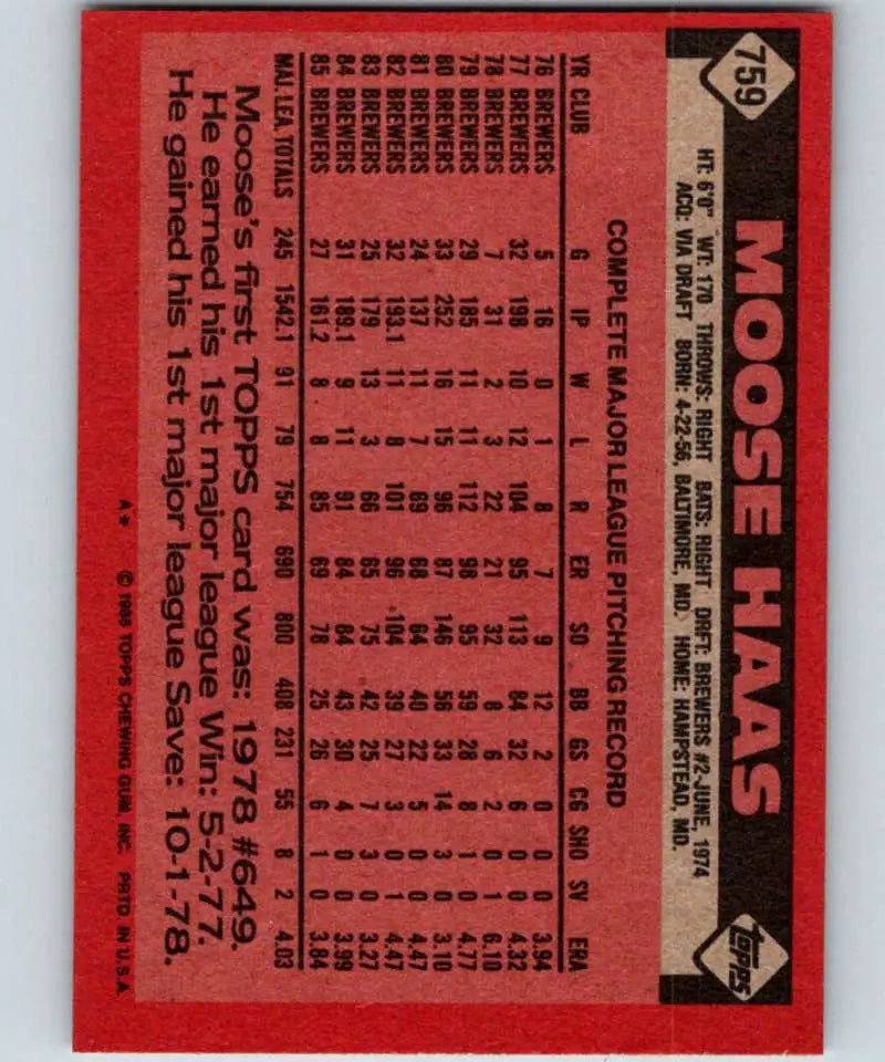 1986 Topps #759 Moose Haas EX Excellent Milwaukee Brewers Baseball Card - Baseball Card Single