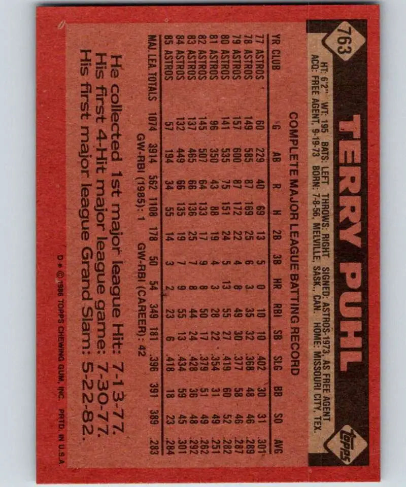 1986 Topps #763 Terry Puhl EX Excellent Houston Astros Baseball Card - Baseball Card Single